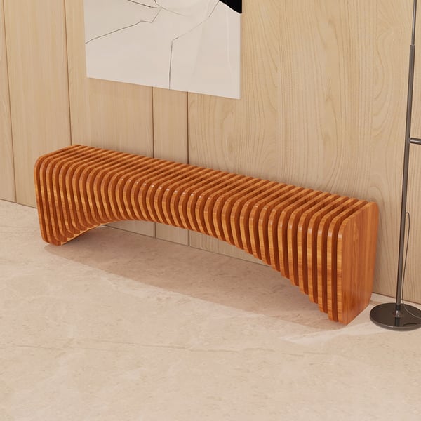 Modern Natural Wooden Curved Hallway Bench Seat Vertical Linear Surface