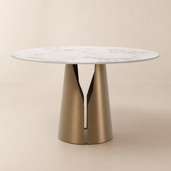 Table à manger ronde avec plateau en pierre frittée et piètement en acier au carbone doré pour 4 personnes, 120 cm