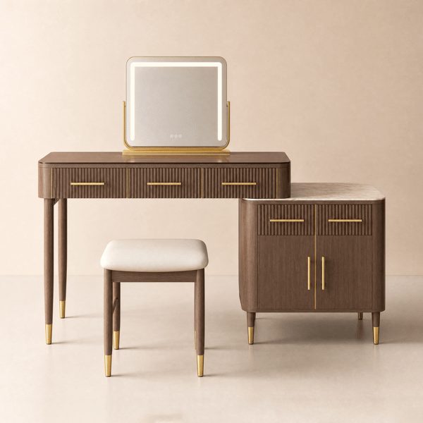 Modern Walnut Makeup Vanity Set with Lighted Mirror and Side Cabinet