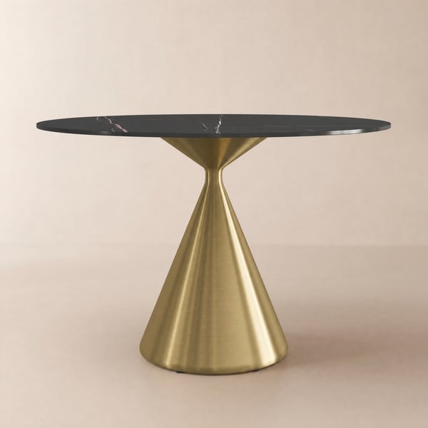 Mesa de comedor redonda moderna de 99 cm de piedra sinterizada mate con base de pedestal de metal dorado, para 2 personas