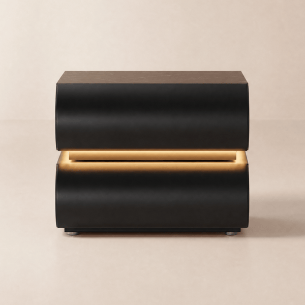 Humply Black Faux Leather 2-Drawer LED Nightstand with Charging Station