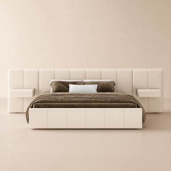 Humply King Size Upholstered Bed with Wide Headboard & Floating Smart Nightstand Set