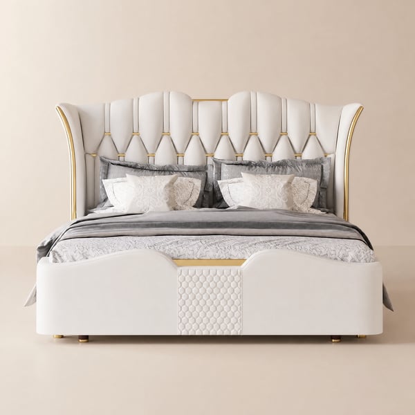 Luxury Queen White Leather Bed with Tufted Wingback Headboard