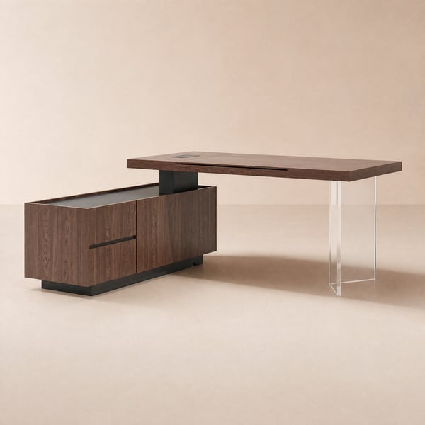 1815mm Modern Walnut Standing L-Shape Executive Desk Side Cabinet and lifter Desktop