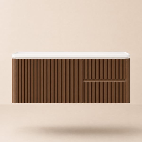 Meuble-lavabo mural cannelé moderne de 119 cm avec lavabo, éclairage LED doux et grand espace de rangement