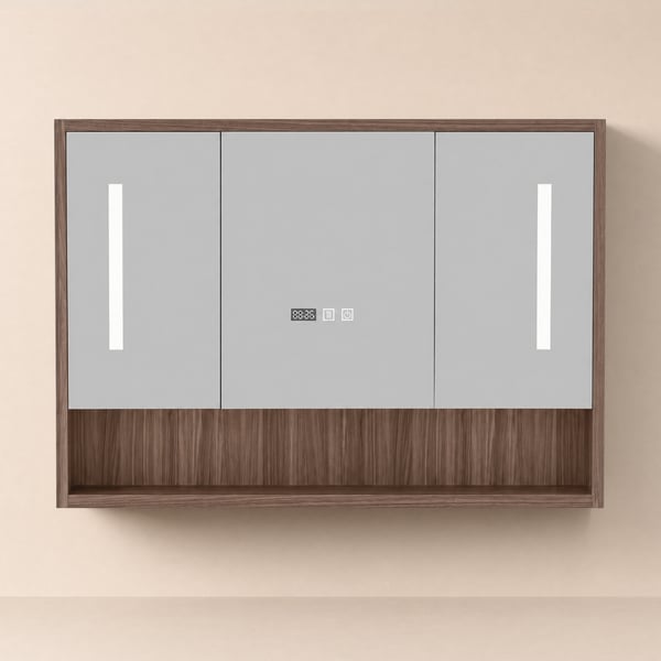 39" Walnut LED Medicine Cabinet with Adjustable Lighting, Demister and Digital Clock