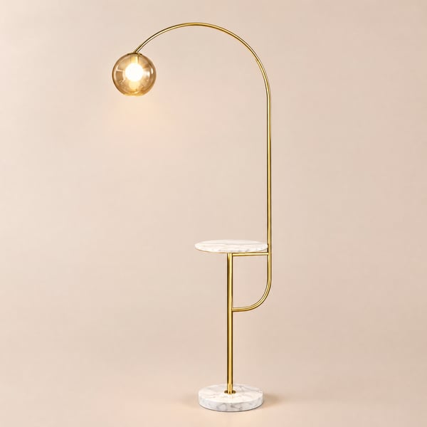 Modern Gold Arc Floor Lamp for Living Room with Shelf & Wireless Charger & USB