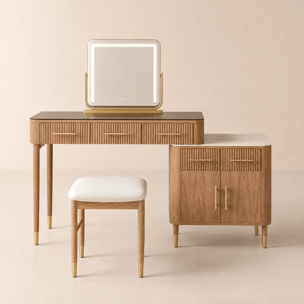 Modern Natural Makeup Vanity Set with Lighted Mirror and Side Cabinet
