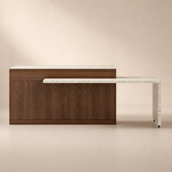 Isola da cucina allungabile in noce da 2050 mm-2680 mm con ante e cassetti con piano in marmo