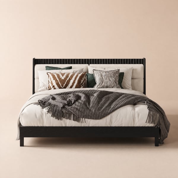 Modern Walnut King Size Solid Wood Bed with Boucle Headboard Pillows
