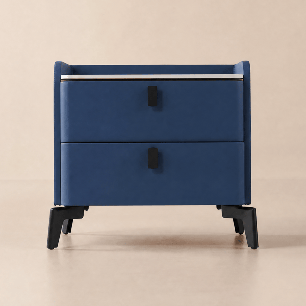 Deep Blue Leather 2-Drawer Bedside Table with Sintered Stone Top