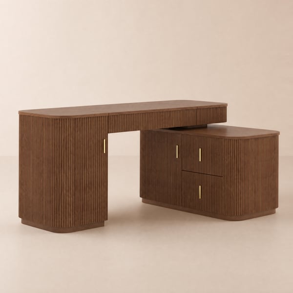 Velign 65" L-Shape Walnut Executive Desk with Drawers & Cabinet Right Hand