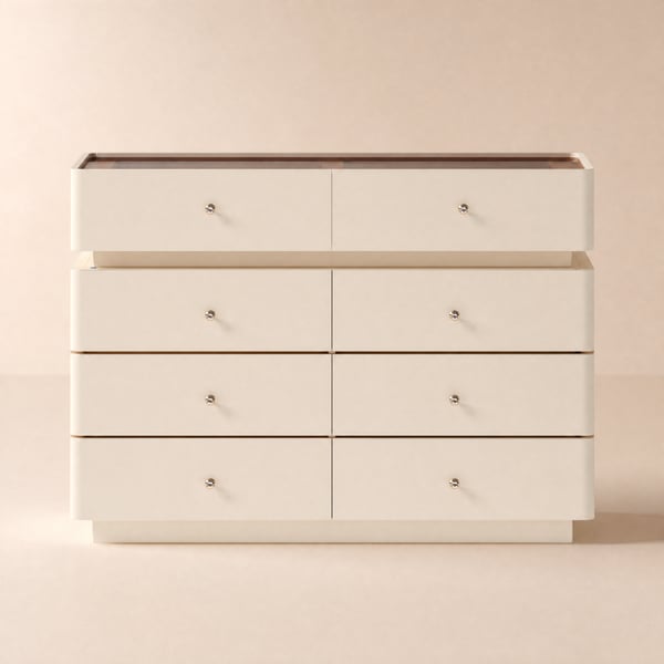Modern 120 cm Tempered Glass Top 8-Drawer White Dresser with LED and Jewelry Trays