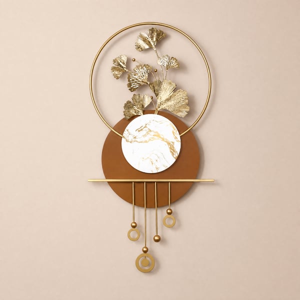 1180mm Modern 3D Golden Metal Ginkgo Leaf Geometric Wall Art with Marble Accent