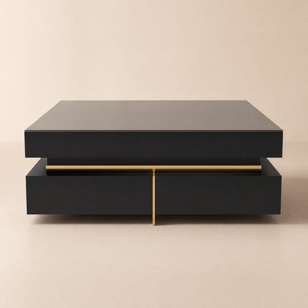 Table basse moderne carrée en verre trempé noir avec 4 tiroirs