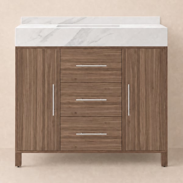 Vanité de salle de bain autoportante en noyer de 1000 mm, dessus en pierre frittée et poignées argentées