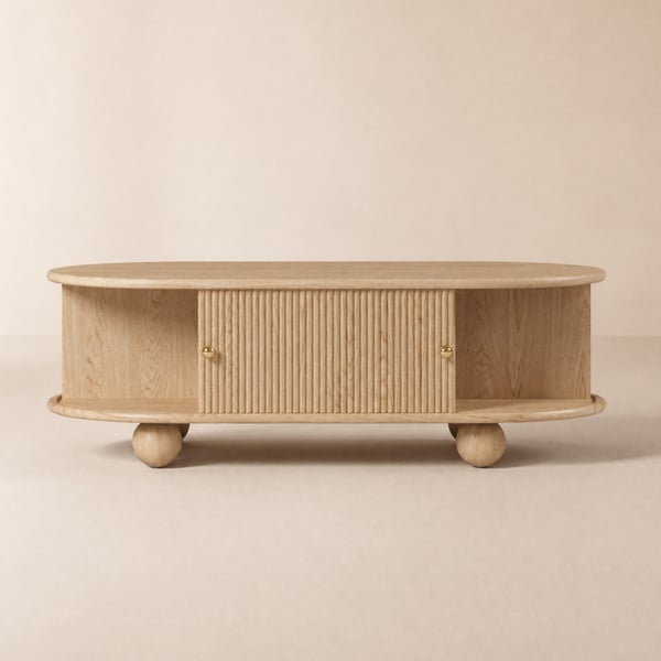 Stria 47" Modern Oval Natural Solid Wood Fluted Coffee Table with Storage