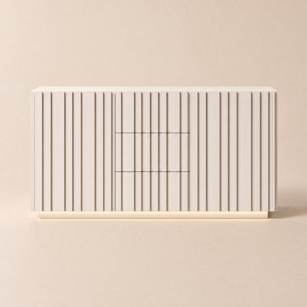 Credenza Aura 152,4 cm (60") con piano in finto travertino sbiancato, pannelli a doghe in legno di frassino e luce