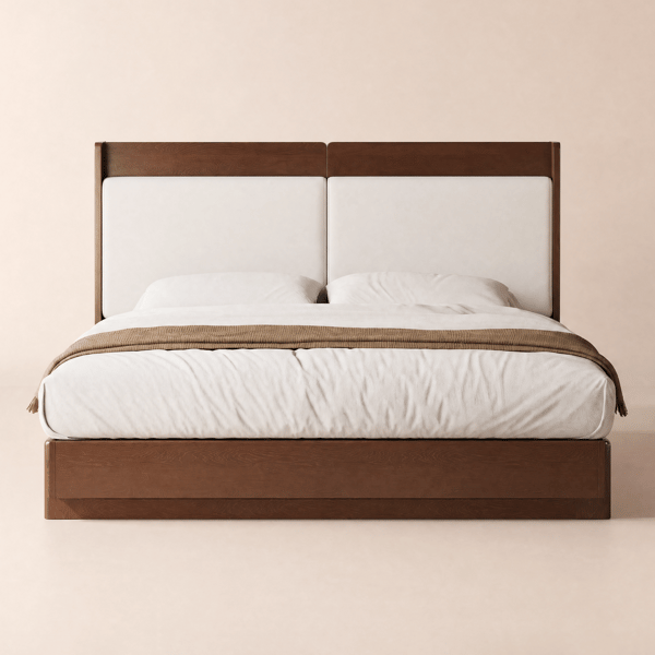King Solid Wood Bed with Leather Extended Headboard & Floating Smart Nightstand Set