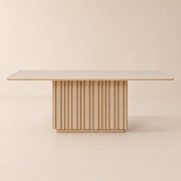 Table à manger rectangulaire Aura 214 cm en pierre frittée effet travertin, base cannelée, 8 places