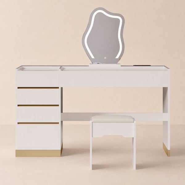 Vanity set with illuminated mirror, charging station and jewelry storage
