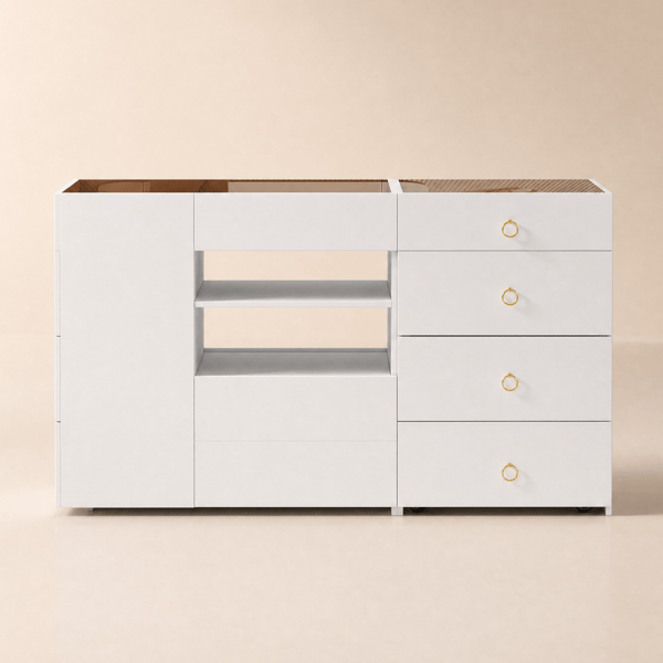 Ilha para closet de 150 cm com tampo de vidro, zona de maquilhagem e expositor de joias branco