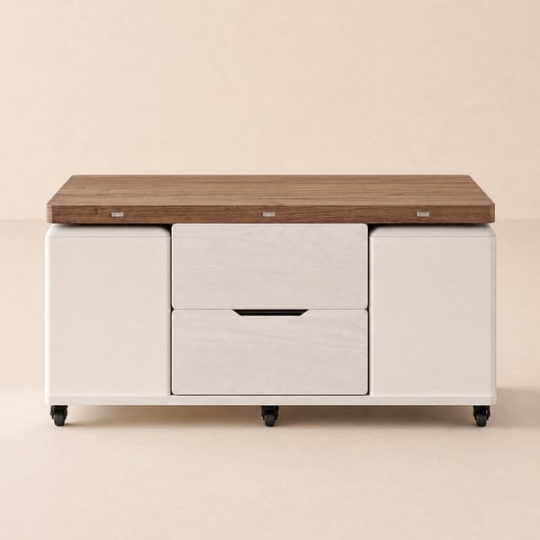 Table basse pliable en noyer et blanc à plateau relevable de 1000 mm avec 4 tabourets et rangement