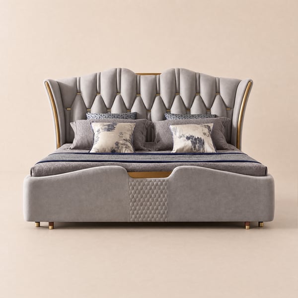 Luxury King Gray Leather Bed with Tufted Wingback Headboard