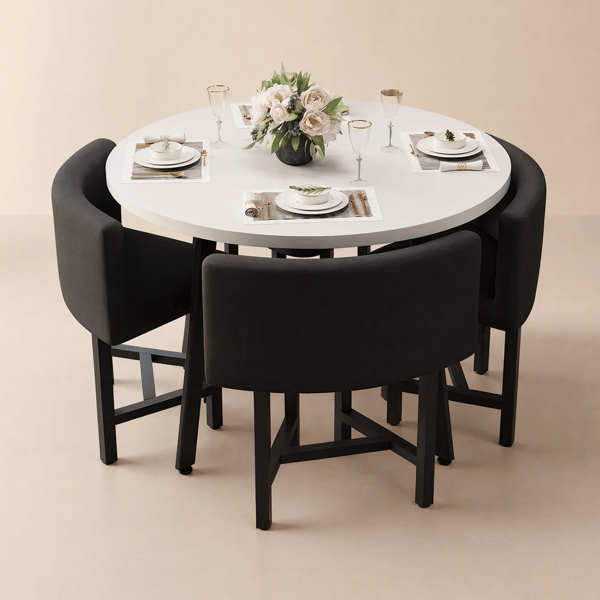 Dining Set 39.4" Modern Round Wood Dining Table White with 4 Black Chairs