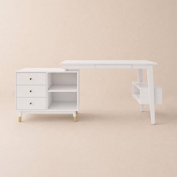 Ultic 120 cm L-Shaped White Rotating Desk with Storage