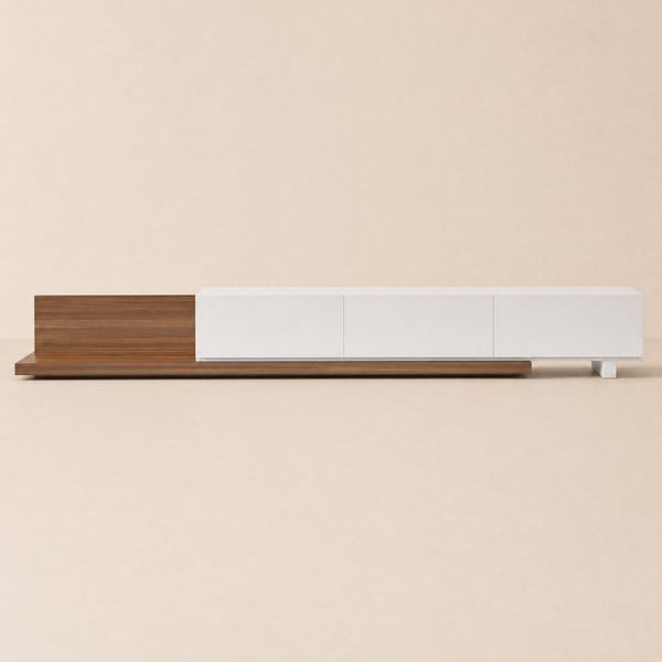 Mueble TV extensible Crator 215 - 280 cm con 3 cajones - nogal y blanco