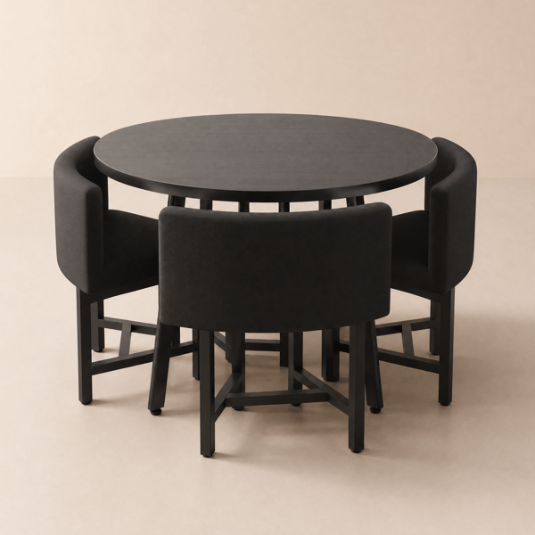 1000mm Round Black Small Nesting Dining Table Set for 4 Black Upholstered Chairs