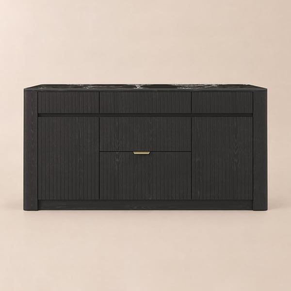 180 cm Ilha de cozinha com bancada de pedra sinterizada brilhante e armazenamento em estilo mid-century preto