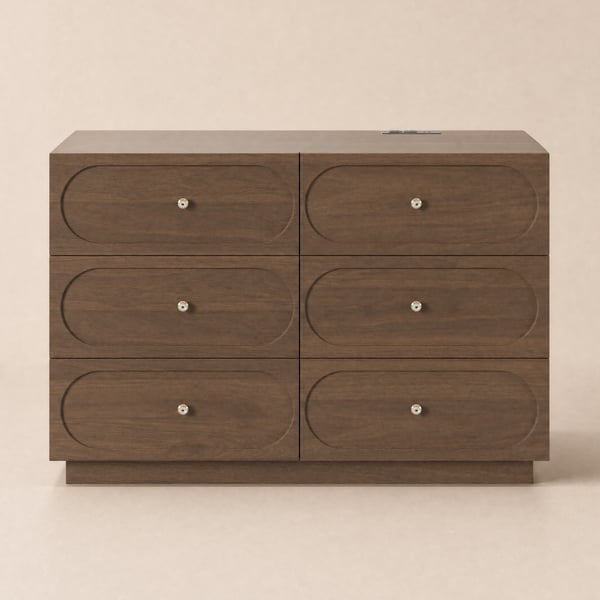Krila 47" Wood 6-Drawer Walnut Dresser with Charging Station