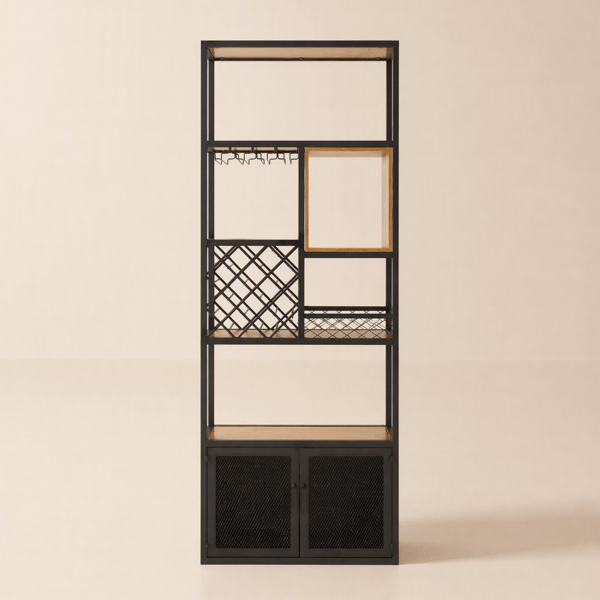 Industrial Tall Black Bar Wine Rack Cabinet with Glass Holder Wood  Home Bar Cabinet