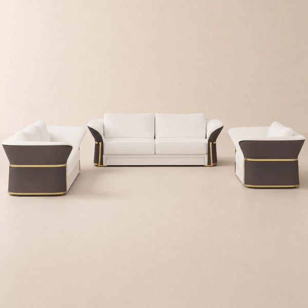 Modern Faux Leather Living Room Sofa Set in Brown & White Set of 3