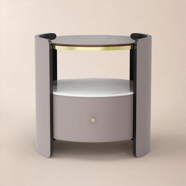 Table de chevet ronde en cuir et pierre frittée avec dessus en verre