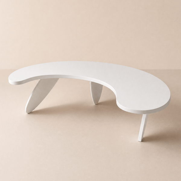Modern curved white wood executive desk, 140 cm straight desk with 3 oval legs