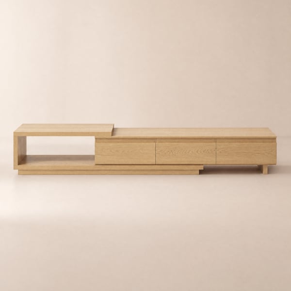 Meuble TV extensible Quoint 179 à 255 cm avec 3 tiroirs et éclairage LED
