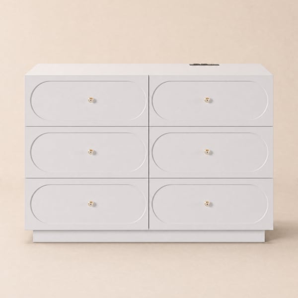 Commode en bois Krila avec 6 tiroirs et station de charge en blanc, 120 cm