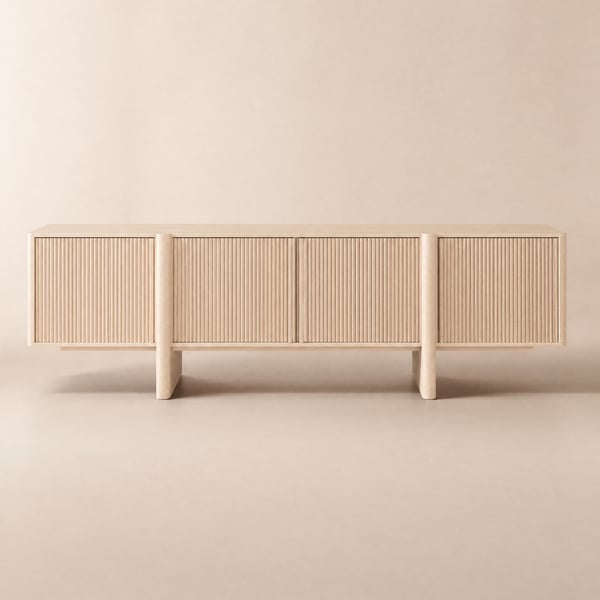 Lineva 200 cm Solid Wood Fluted Whitewash TV Stand with Cabinets