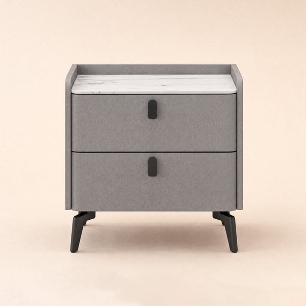 Grey Leather 2-Drawer Bedside Table with Sintered Stone Top