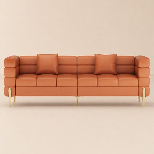 Axial 79" Faux Leather Fluted Sofa with Gold Legs & Pillows
