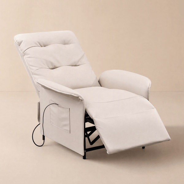Modern electric recliner in white leather with high backrest and side pocket