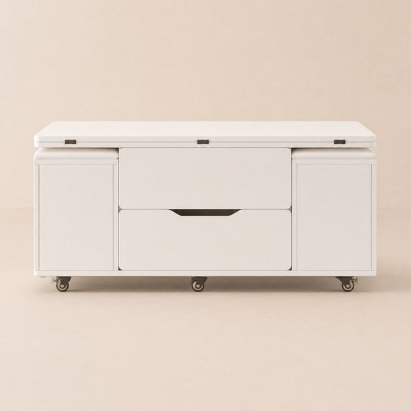 Mesa de centro elevable plegable 100 cm con 4 taburetes y almacenaje blanco