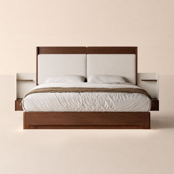 Modern Upholstered Bed with Headboard and Floating Bedside Tables in Walnut