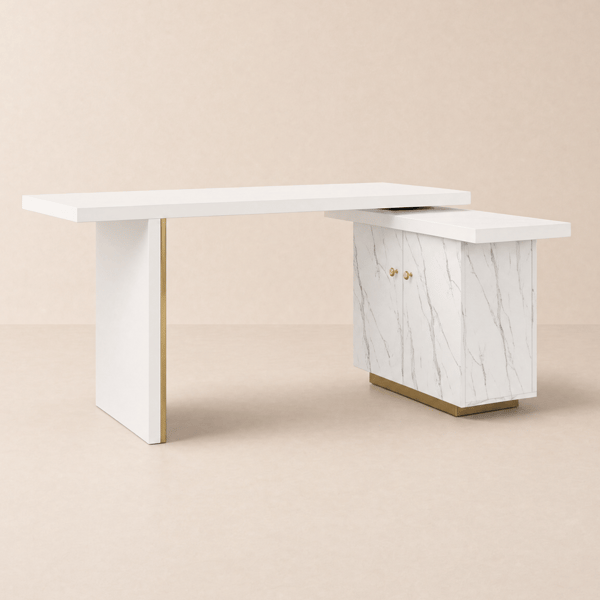 2235mm Modern White L-Shape Writing Desk with Side Cabinet Wood Office Desk Gold Finish