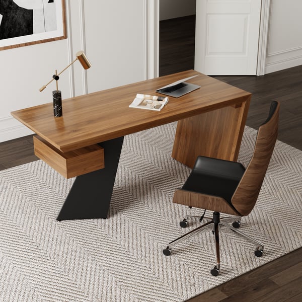 Set Industrial Distressed Wood Writing Desk Black Faux Leather Office Chair (70.9")