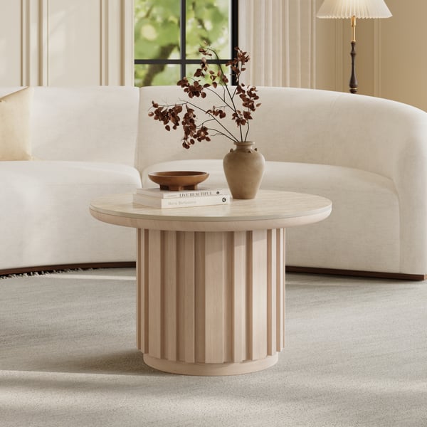 Aura Ash Wood Slatted  Round Coffee Table with Sintered Stone Top