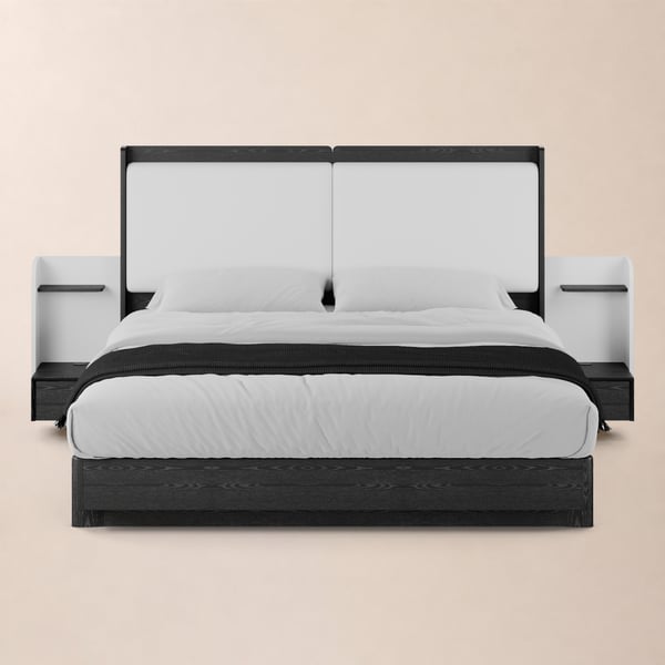 King Solid Wood Bed with Leather Extended Headboard & Floating Smart Nightstand Set